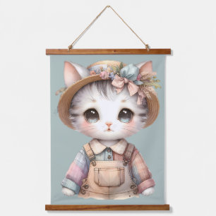 Pastel Cottagecore Cat in Overalls & Straw Hat Hanging Tapestry