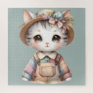 Pastel Cottagecore Cat in Overalls & Straw Hat Jigsaw Puzzle
