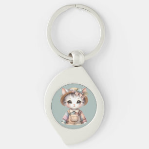 Pastel Cottagecore Cat in Overalls & Straw Hat Key Ring