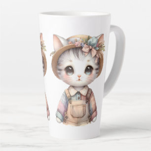 Pastel Cottagecore Cat in Overalls & Straw Hat Latte Mug