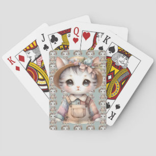 Pastel Cottagecore Cat in Overalls & Straw Hat Playing Cards