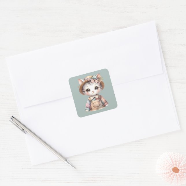 Pastel Cottagecore Cat in Overalls & Straw Hat Square Sticker (Envelope)