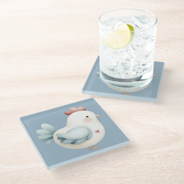 Pastel Cottagecore Chicken Glass Coaster (Angled)