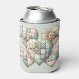 Pastel Cottagecore Patchwork Hearts Can Cooler