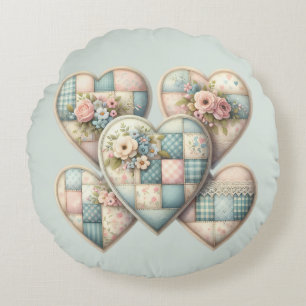 Pastel Cottagecore Patchwork Hearts Round Cushion