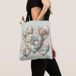 Pastel Cottagecore Patchwork Hearts Tote Bag