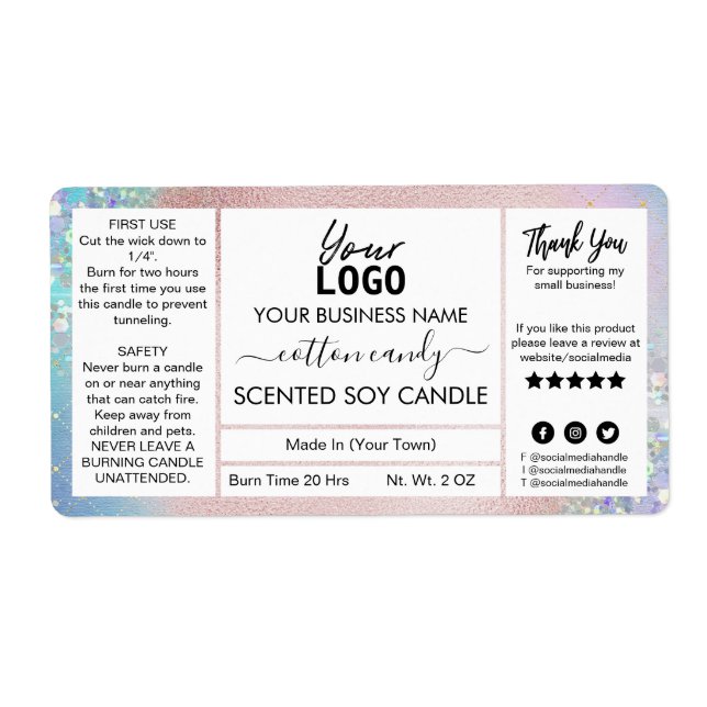 Pastel Cotton Candy Scented Soy Candle Label (Front)