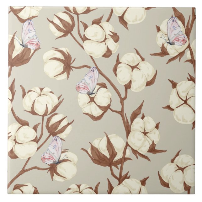 Pastel Cotton Flower and Butterflies Botanical  Tile (Front)