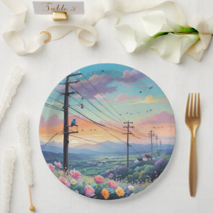 Pastel Country Landscape With Blue Bird On Wire Paper Plate