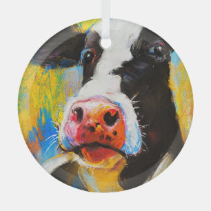 Pastel Cow Portrait Modern Painting Glass Tree Decoration