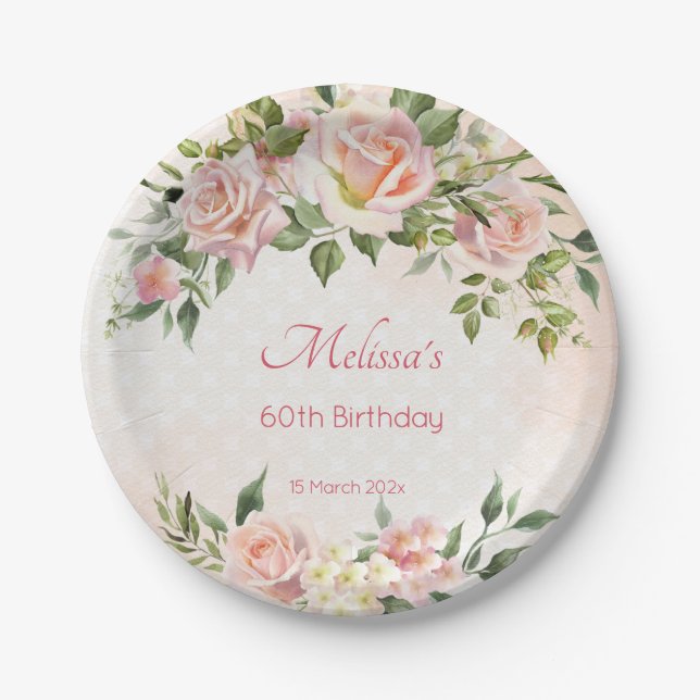 Pastel cream blush pink roses personalised paper plate (Front)