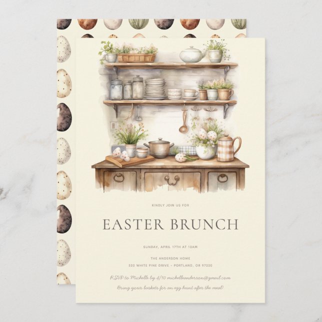 Pastel Cream & Brown Vintage Kitchen Easter Brunch Invitation (Front/Back)