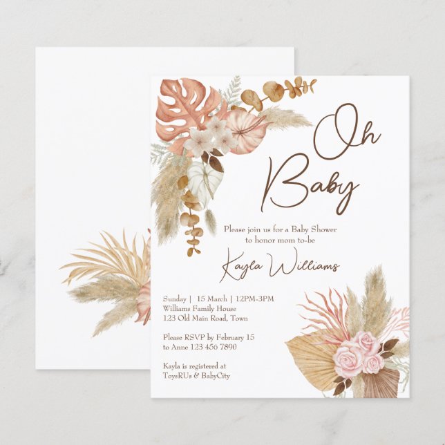 Pastel cream dried flowers boho budget invitation (Front/Back)