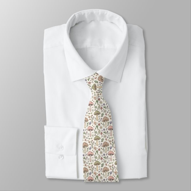 Pastel Cream Fungi Botanical Neutral Wedding Groom Tie (Tied)