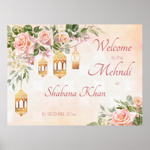 Pastel cream pink roses Arabian lanterns mehndi Poster