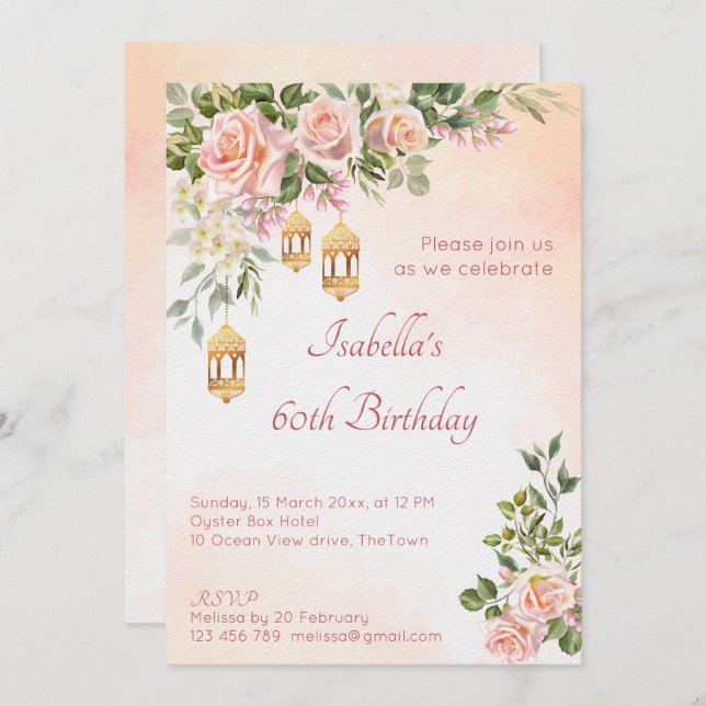 Pastel cream pink roses with Moroccan lanterns  Invitation (Front/Back)
