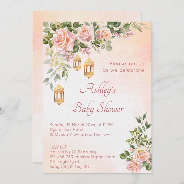 Pastel cream pink roses with Moroccan lanterns Invitation (Front/Back)