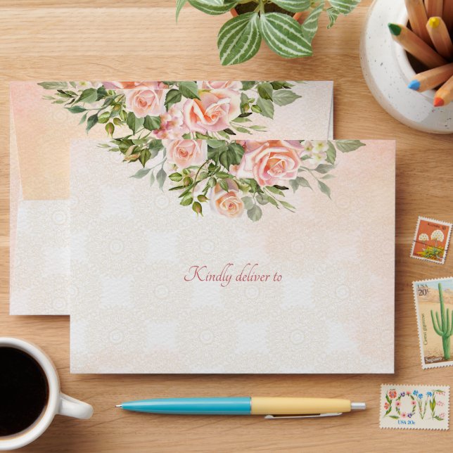 Pastel cream roses  wedding matching 5x7 for cards envelope (Desk)