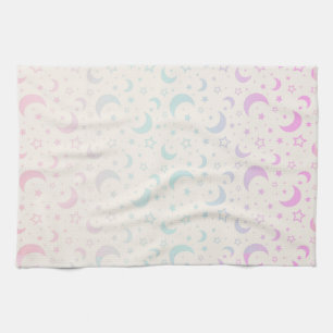 Pastel Crescent Moons and Stars Halloween Tea Towel