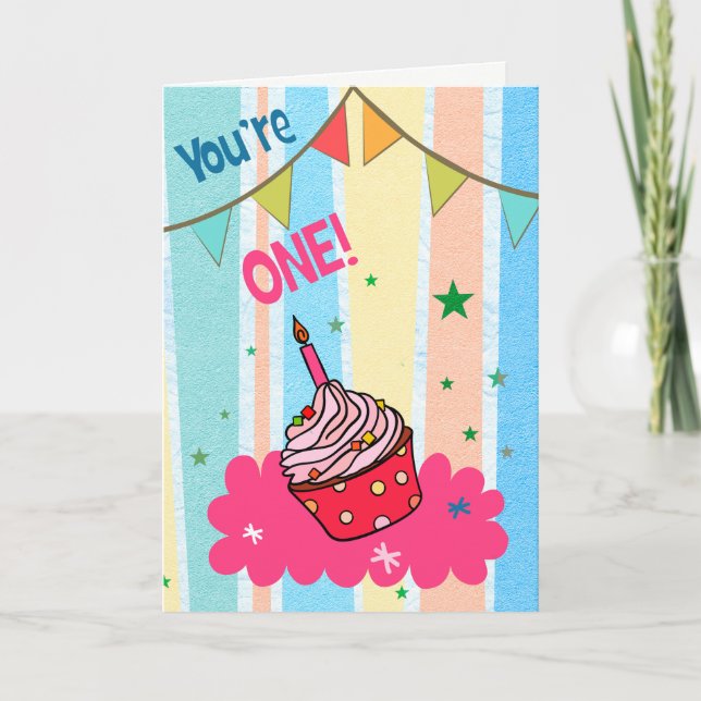 Pastel Cupcake First Birthday Greeting Card (Front)