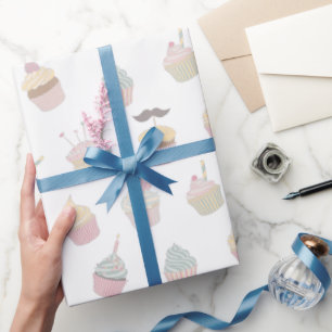 Pastel Cupcake Moustache Pattern Wrapping Paper
