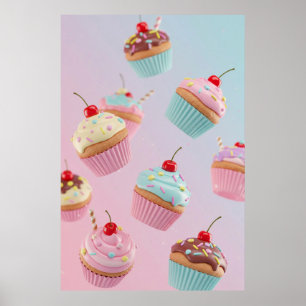 Pastel Cupcake Pattern on Pink Poster
