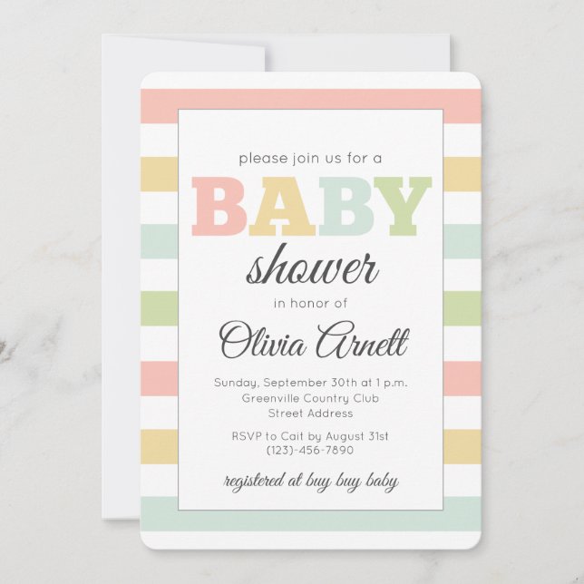 Pastel custom baby shower invitations, neutral invitation (Front)