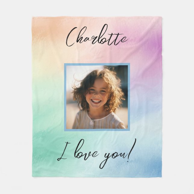 Pastel Custom Photo "I Love You" Personalised Name Fleece Blanket (Front)