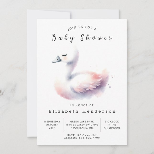  Pastel Custom Swan Baby Shower Invitation (Front)