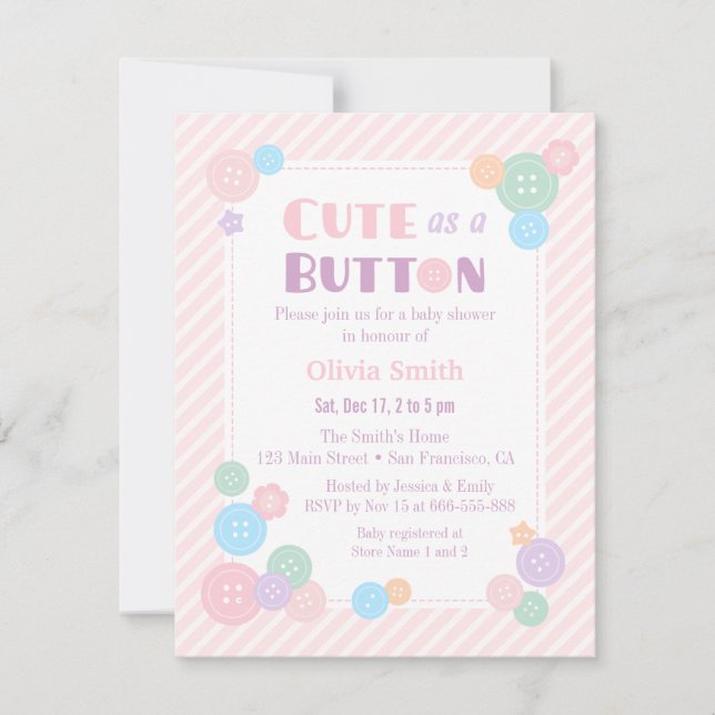 Pastel Cute as a Button Baby Shower Invitations (Front)