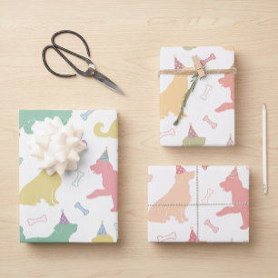 Pastel Cute Dog Birthday Party Silhouette Pattern Wrapping Paper Sheet