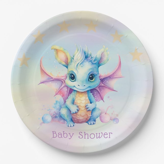 Pastel Cute Dragon Girl Baby Shower Paper Plate (Front)