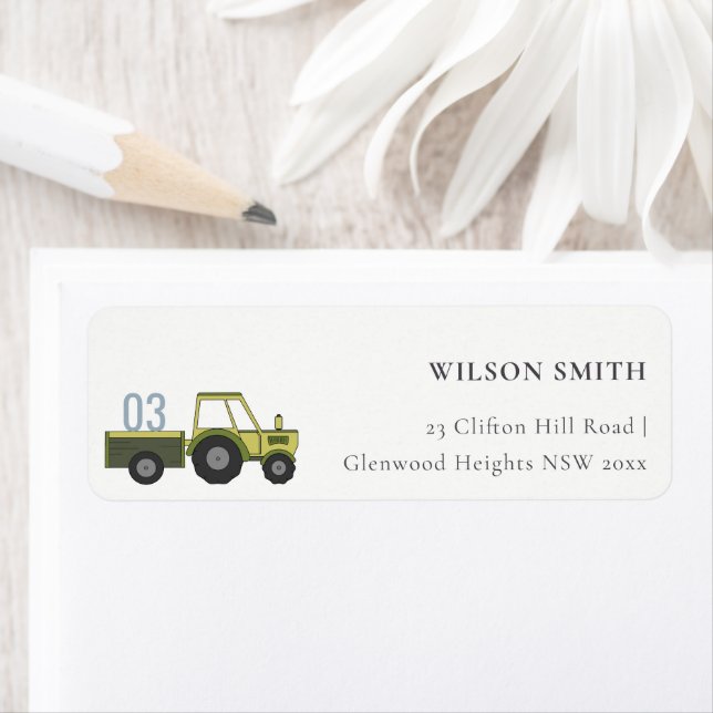 Pastel Cute Green Blue Farm Tractor Kids Address (Insitu)