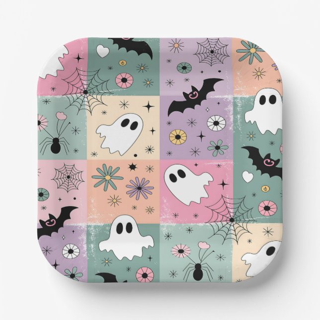 Pastel Cute Halloween Spooky Ghost Chequered Paper Plate (Front)