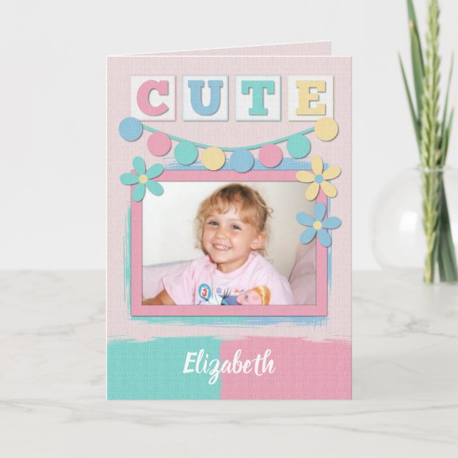 Pastel cute happy birthday with bunting and photo card (Front)