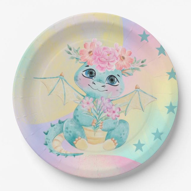 Pastel Cute Little Dragon Birthday/Baby Shower Paper Plate (Front)