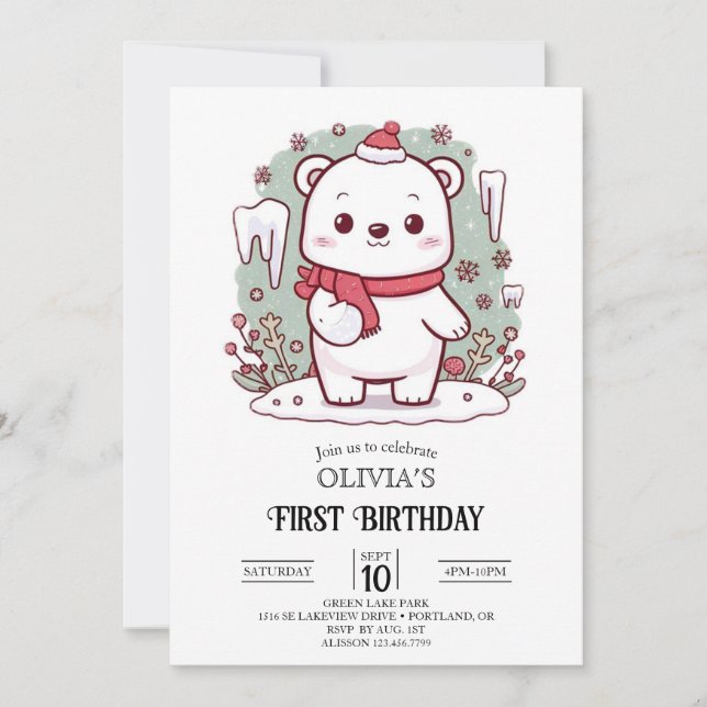 Pastel Cute Polar Bear 1st Birthday Digital Invitation (Front)