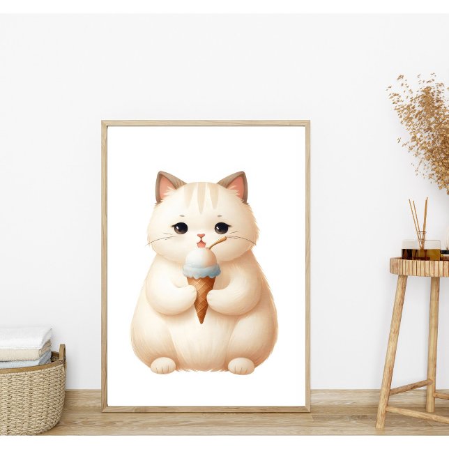 Pastel Cute Round Kitten with Ice Cream Cone Poster (Creator Uploaded)