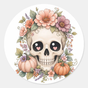 Pastel Cute Skull PNG Coquette Fall Flowers & Pu Classic Round Sticker
