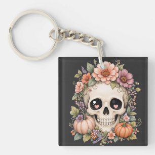 Pastel Cute Skull PNG Coquette Fall Flowers & Pu Key Ring