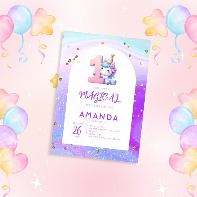 Pastel Cute Unicorn Girl 1st Birthday Invitation (Creator Uploaded)