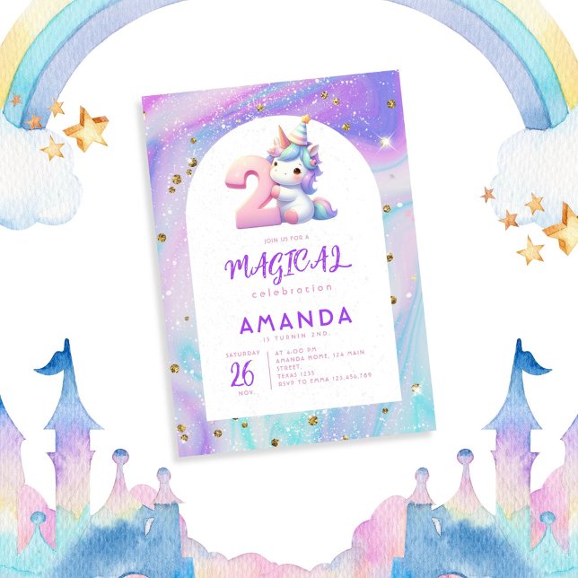 Pastel Cute Unicorn Girl 2nd Birthday Invitation (Creator Uploaded)