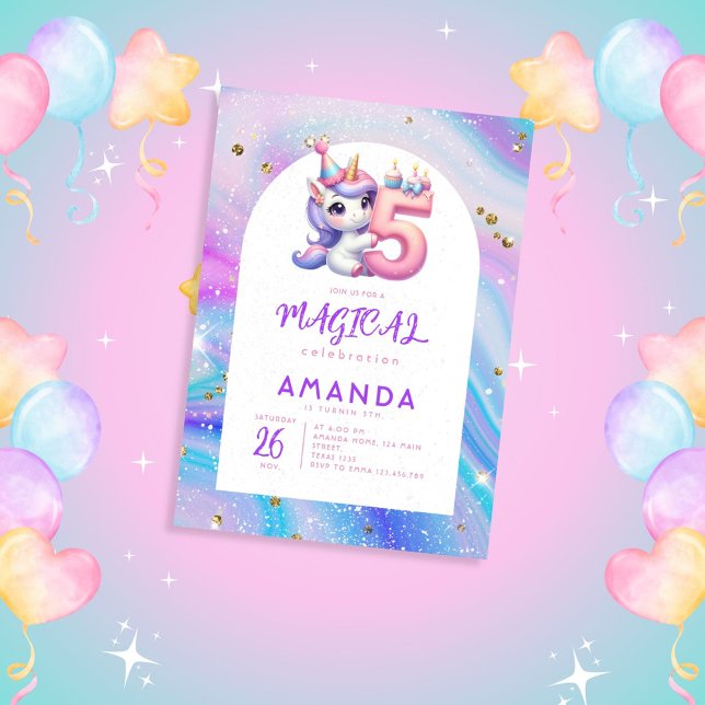 Pastel Cute Unicorn Girl 5th Birthday Invitation (Creator Uploaded)