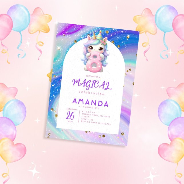 Pastel Cute Unicorn Girl 8th Birthday Invitation (Creator Uploaded)