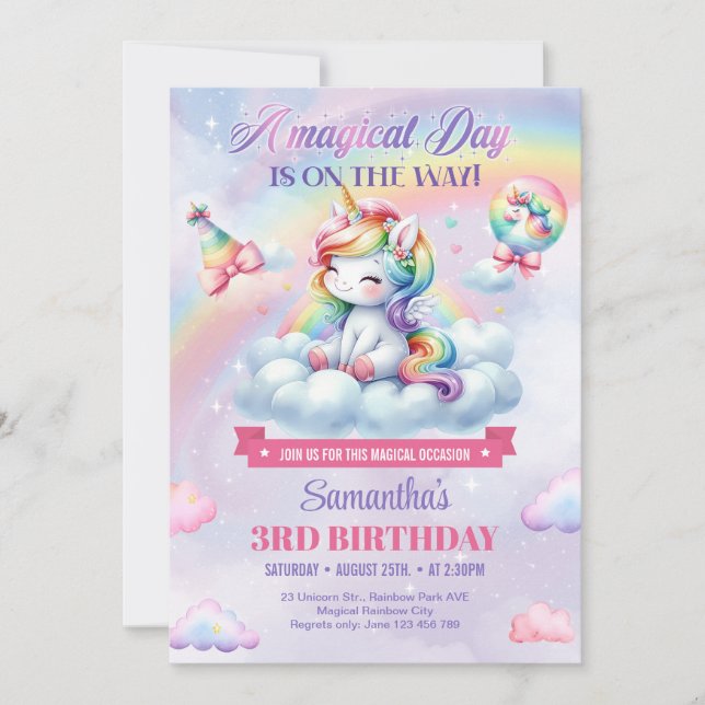 Pastel Cute unicorn on a cloud girl third Birthday Invitation (Front)