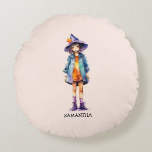 Pastel Cute Witch Girl Halloween Aesthetic Round Cushion