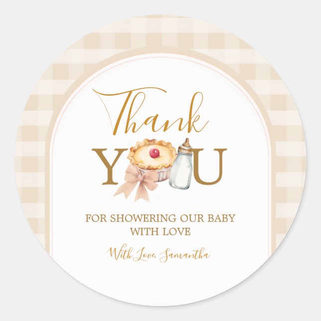 Pastel Cutie Pie Gingham Baby Shower Thank You Classic Round Sticker (Front)
