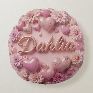 Pastel Dahlia Bloom Art with Hearts Round Cushion