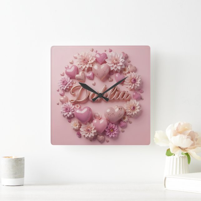 Pastel Dahlia Bloom Art with Hearts Square Wall Clock (Home)