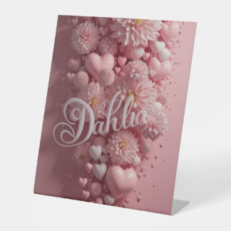 Pastel Dahlia Bloom Wall Art with Hearts Pedestal Sign